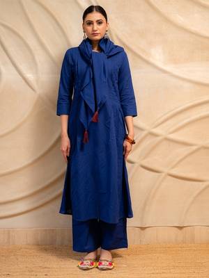 navy blue solid a-line kurta with pants  set of 2 1