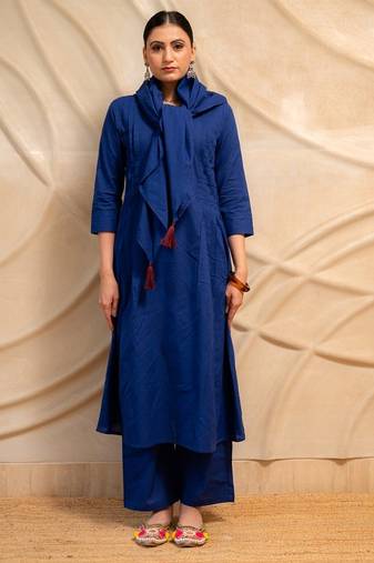 navy blue solid a-line kurta with pants  set of 2