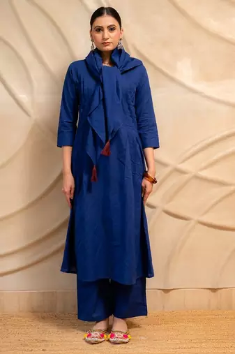 navy blue solid a-line kurta with pants  set of 2