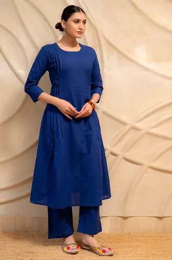 navy blue solid a-line kurta with pants  set of 2