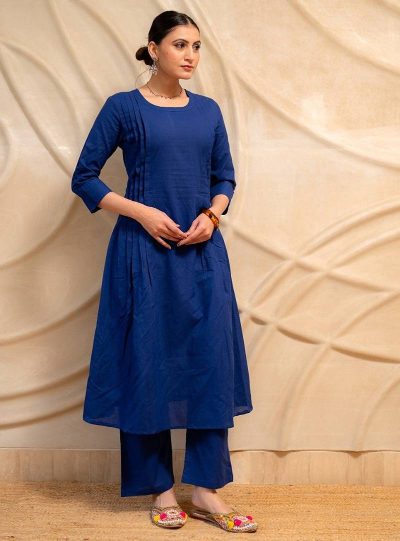 navy blue solid a-line kurta with pants  set of 2