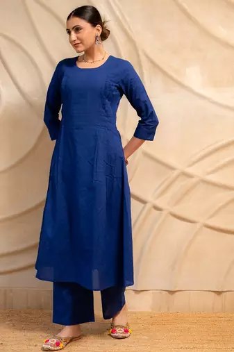 navy blue solid a-line kurta with pants  set of 2