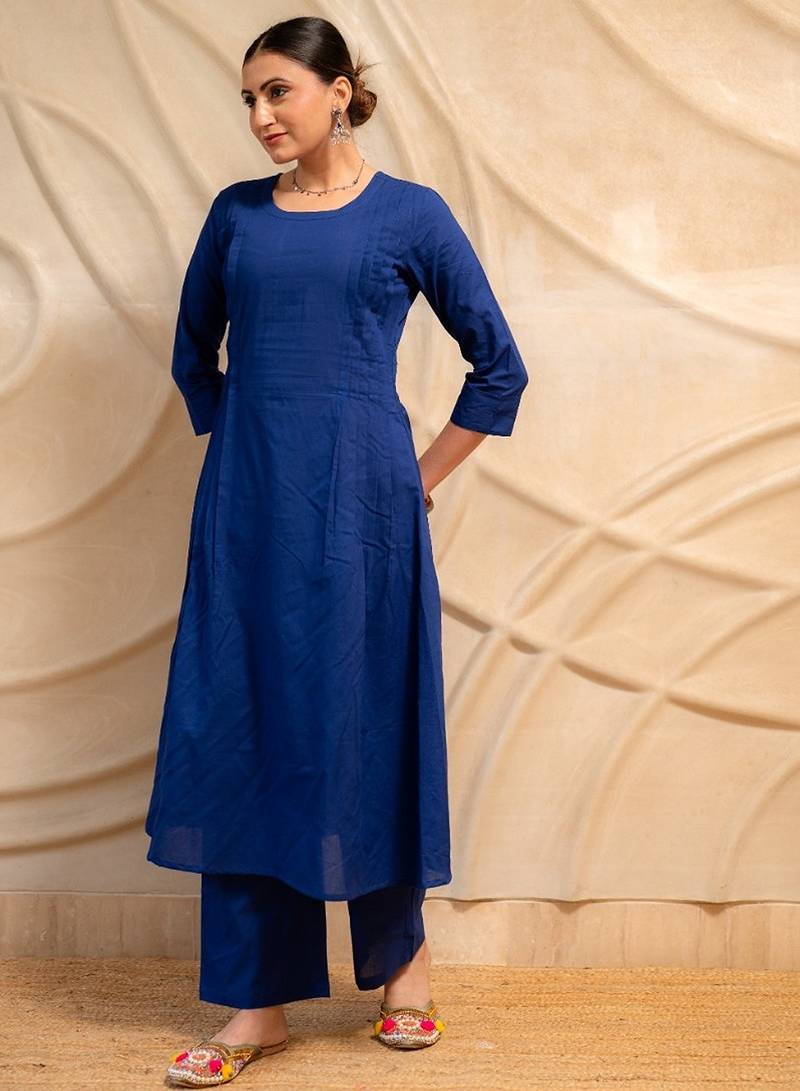 navy blue solid a-line kurta with pants  set of 2