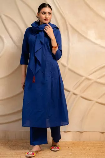 navy blue solid a-line kurta with pants  set of 2