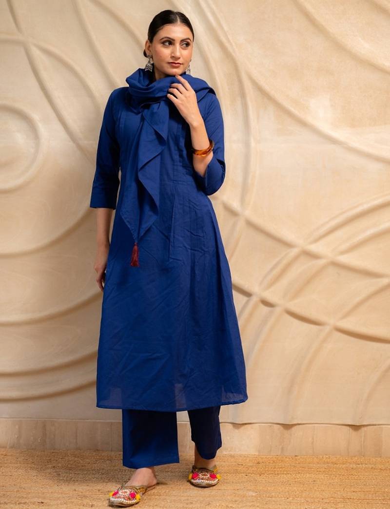 navy blue solid a-line kurta with pants  set of 2