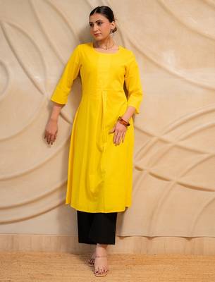 yellow solid straight kurta with black pants  set of 2 1