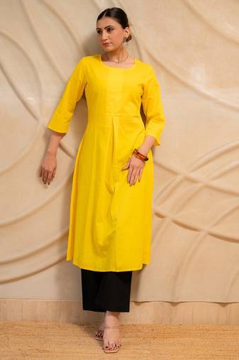 yellow solid straight kurta with black pants  set of 2