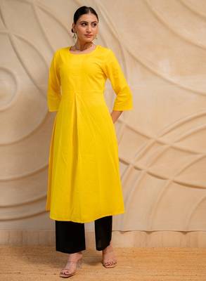 yellow solid straight kurta with black pants  set of 2 2