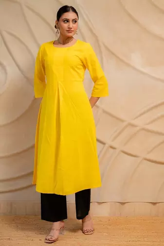 yellow solid straight kurta with black pants  set of 2