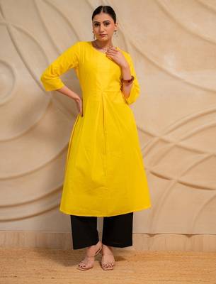yellow solid straight kurta with black pants  set of 2 3