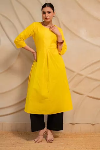 yellow solid straight kurta with black pants  set of 2