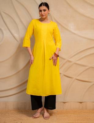 yellow solid straight kurta with black pants  set of 2 4