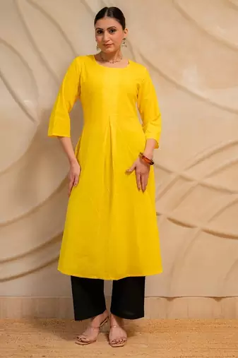 yellow solid straight kurta with black pants  set of 2