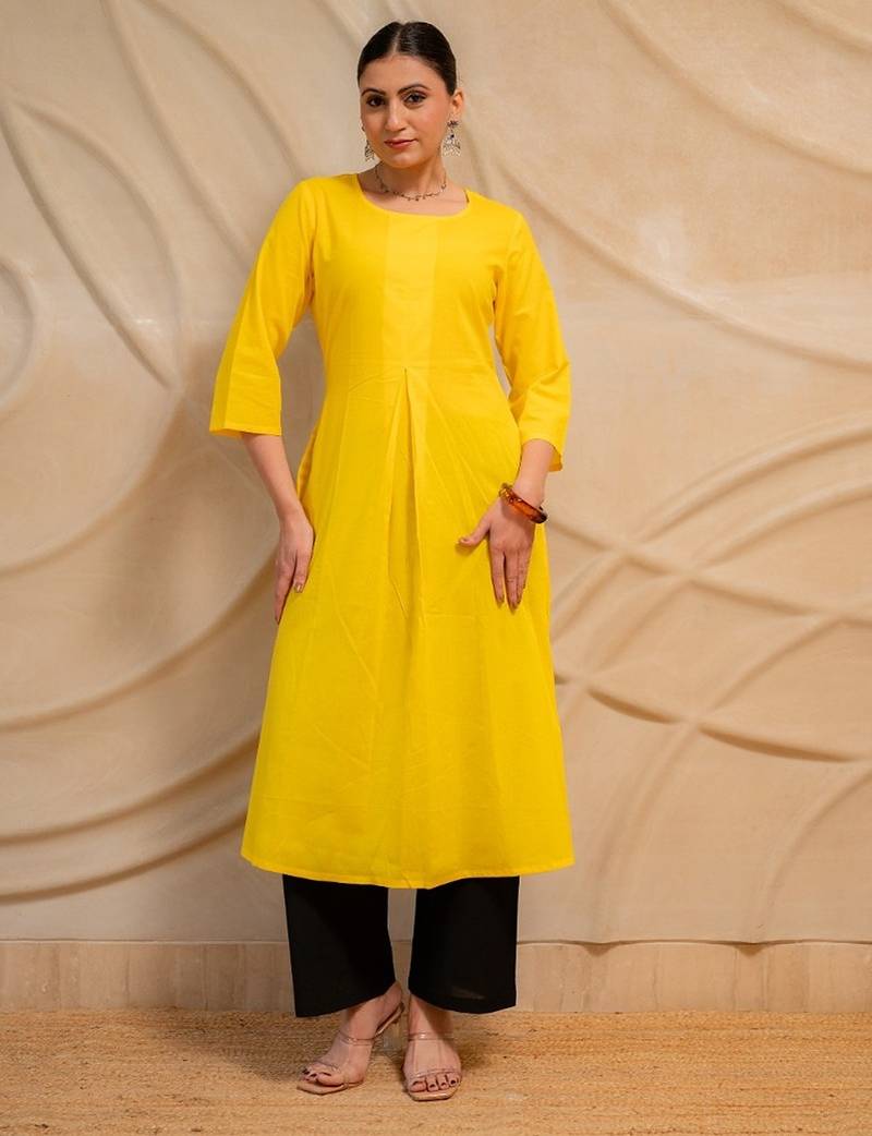 yellow solid straight kurta with black pants  set of 2