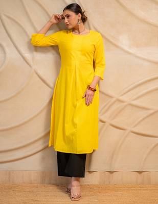 yellow solid straight kurta with black pants  set of 2 5