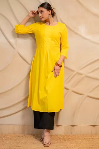 yellow solid straight kurta with black pants  set of 2