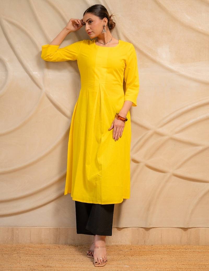 yellow solid straight kurta with black pants  set of 2