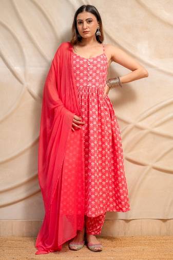 Pink printed sleeveless kurta with pants & dupatta  set of 3