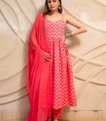 Pink printed sleeveless kurta with pants & dupatta  set of 3