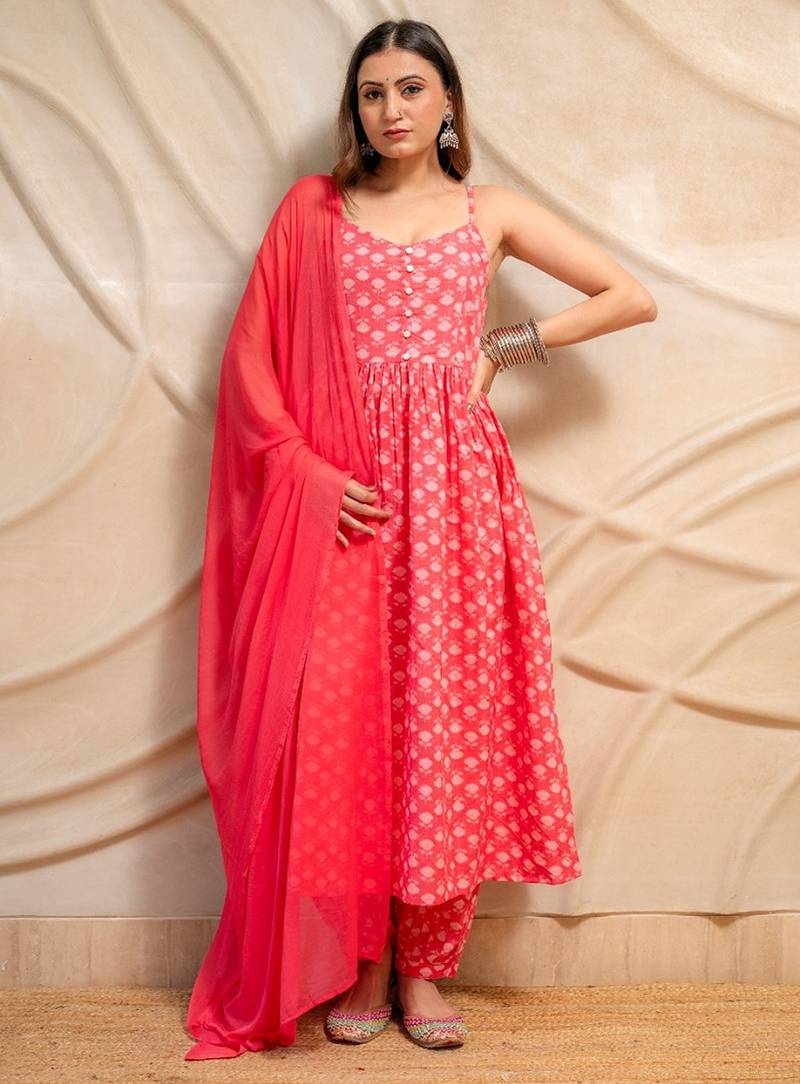 Pink printed sleeveless kurta with pants & dupatta  set of 3
