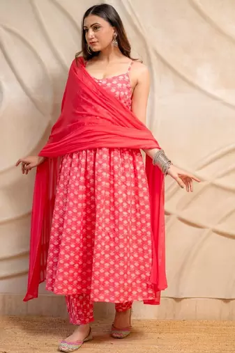 Pink printed sleeveless kurta with pants & dupatta  set of 3