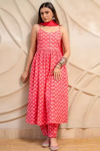 Pink printed sleeveless kurta with pants & dupatta  set of 3