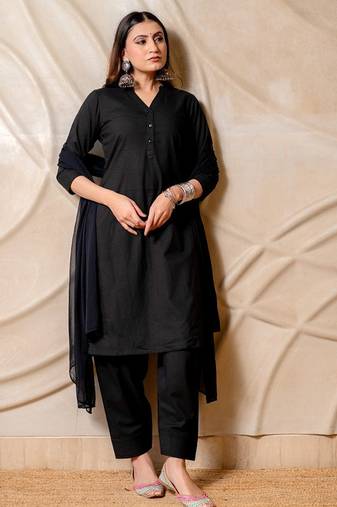Black solid straight kurta with pants & dupatta  set of 3