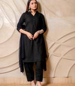Black solid straight kurta with pants & dupatta  set of 3