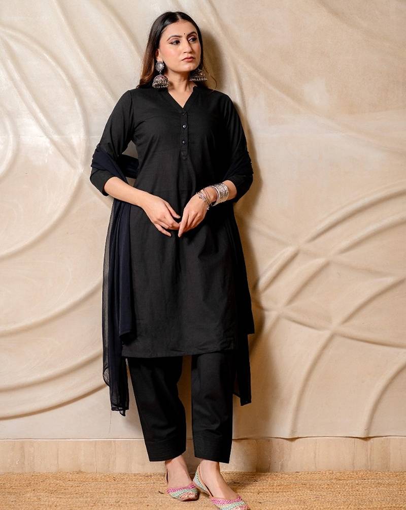 Black solid straight kurta with pants & dupatta  set of 3