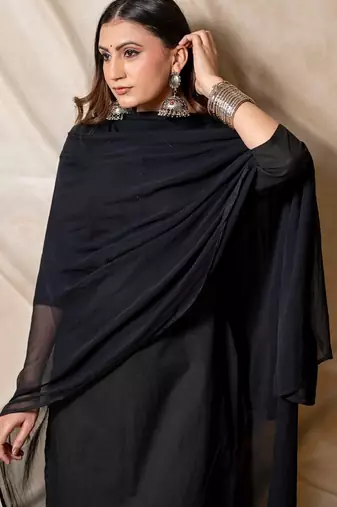Black solid straight kurta with pants & dupatta  set of 3