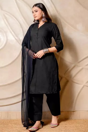 Black solid straight kurta with pants & dupatta  set of 3