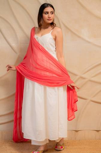 Ivory white sleeveless kurta with pants & coral dupatta  set of 3