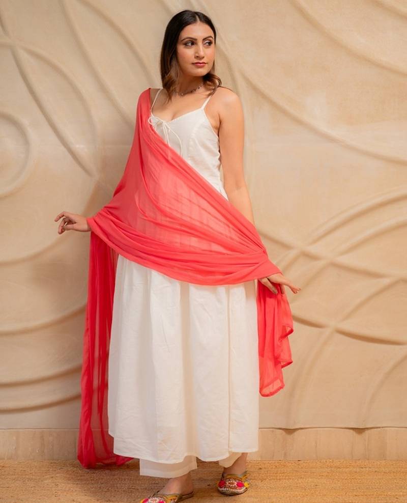 Ivory white sleeveless kurta with pants & coral dupatta  set of 3