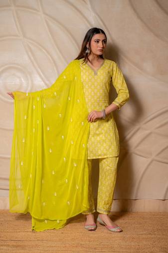 Lime yellow printed kurta with pants & dupatta  set of 3
