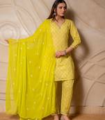 Lime yellow printed kurta with pants & dupatta  set of 3