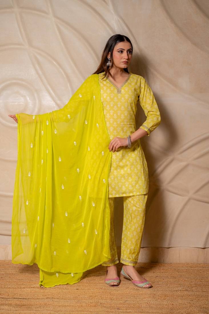 Lime yellow printed kurta with pants & dupatta  set of 3