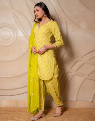 Lime yellow printed kurta with pants & dupatta  set of 3 2