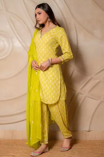 Lime yellow printed kurta with pants & dupatta  set of 3