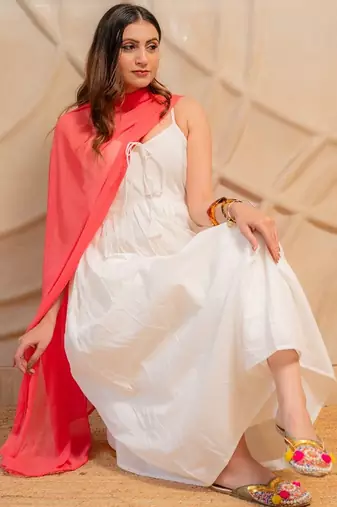 Ivory white sleeveless kurta with pants & coral dupatta  set of 3