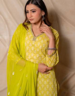 Lime yellow printed kurta with pants & dupatta  set of 3 3
