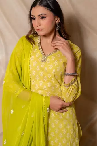 Lime yellow printed kurta with pants & dupatta  set of 3