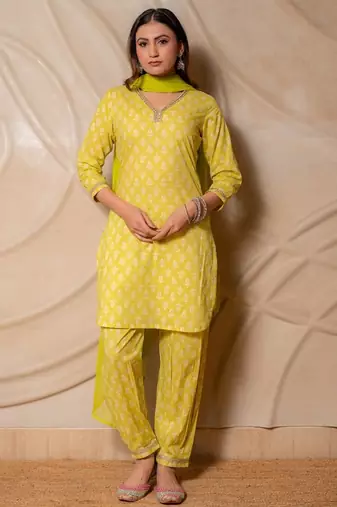 Lime yellow printed kurta with pants & dupatta  set of 3