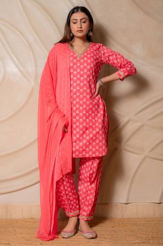 Coral pink printed kurta with salwar & dupatta  set of 3