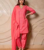 Coral pink printed kurta with salwar & dupatta  set of 3