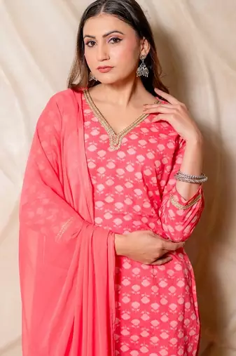 Coral pink printed kurta with salwar & dupatta  set of 3