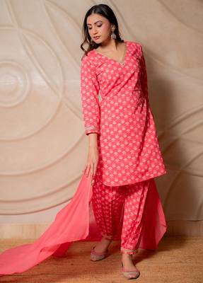 Coral pink printed kurta with salwar & dupatta  set of 3 3
