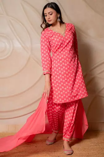 Coral pink printed kurta with salwar & dupatta  set of 3
