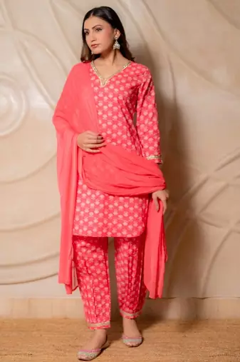 Coral pink printed kurta with salwar & dupatta  set of 3