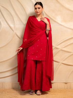 red embellished kurta with sharara & dupatta  set of 3 1