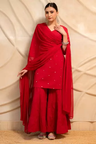 red embellished kurta with sharara & dupatta  set of 3
